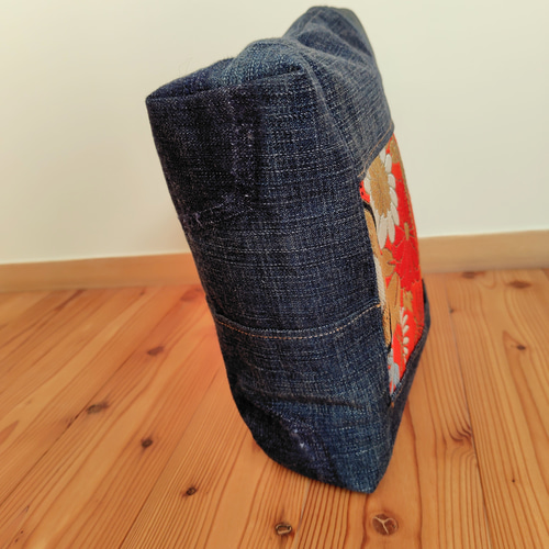 着物帯×デニムリメイク！トートバッグ　ハンドメイド 帯とデニムのトートバッグ＊着物リメイク Obi and denim tote bag