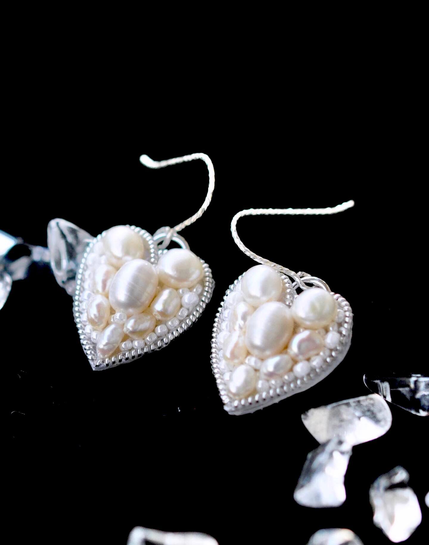 Silver925　淡水真珠ハートのピアス　シルバー