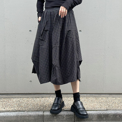 再販【2025新作】❤︎総ゴム仕立てチェック柄アシンメトリー変形