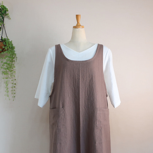 全9色 エプロンドレス風 シワ加工綿麻 バッククロスエプロン ロング丈