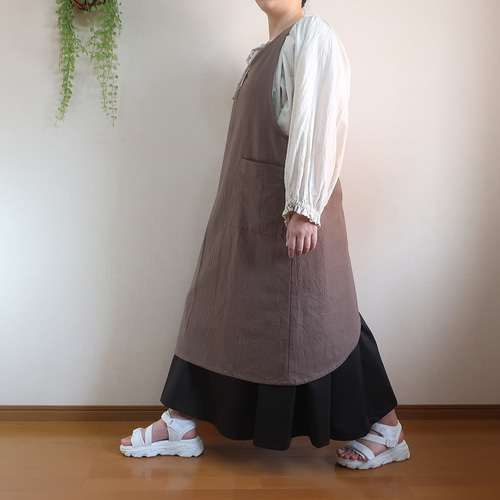 全9色 エプロンドレス風 シワ加工綿麻 バッククロスエプロン ロング丈