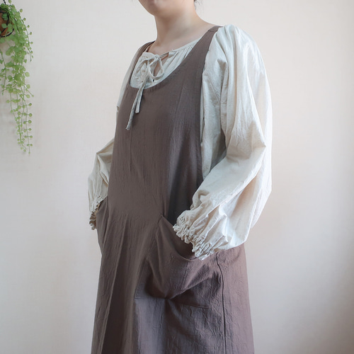 全9色 エプロンドレス風 シワ加工綿麻 バッククロスエプロン ロング丈