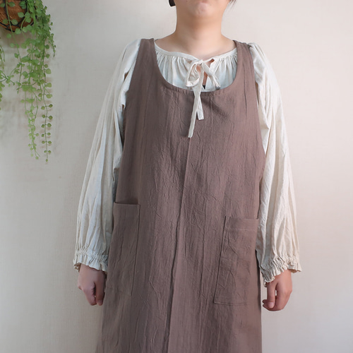 全9色 エプロンドレス風 シワ加工綿麻 バッククロスエプロン ロング丈