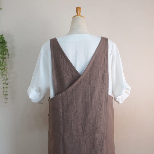 全9色 エプロンドレス風 シワ加工綿麻 バッククロスエプロン ロング丈