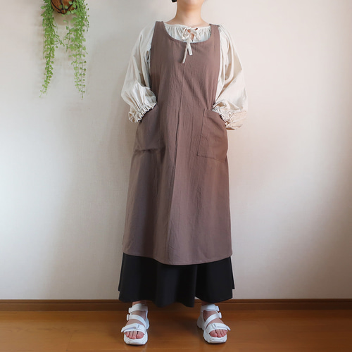 全9色 エプロンドレス風 シワ加工綿麻 バッククロスエプロン ロング丈