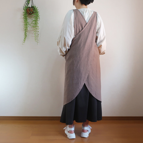 全9色 エプロンドレス風 シワ加工綿麻 バッククロスエプロン ロング丈