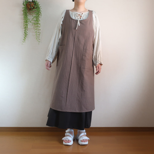 全9色 エプロンドレス風 シワ加工綿麻 バッククロスエプロン ロング丈