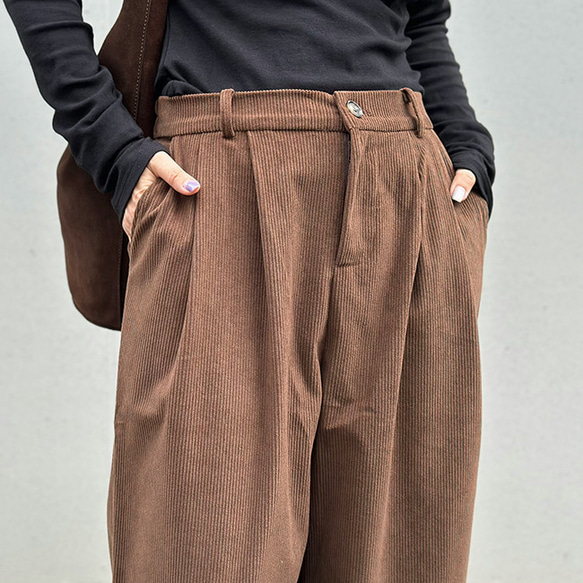 再販【2025新作】❤︎大人かわいいコーデュロイ半ゴム仕立てタックワイドパンツ（ココアブラウン）25044BR 14枚目の画像