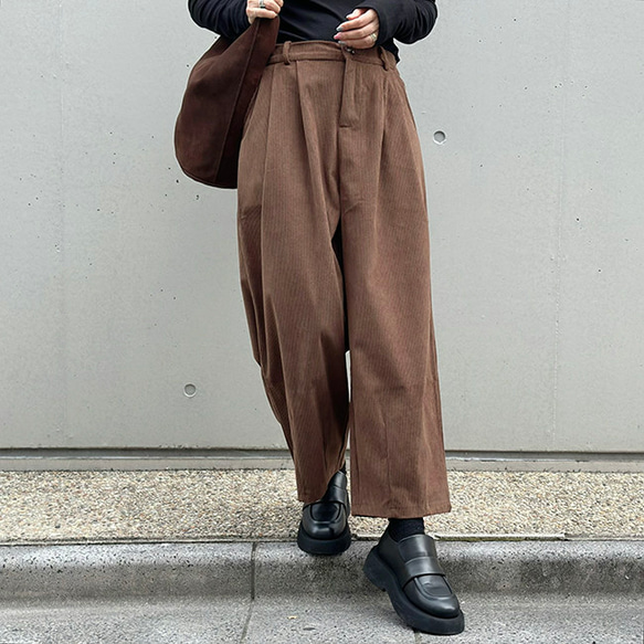 再販【2025新作】❤︎大人かわいいコーデュロイ半ゴム仕立てタックワイドパンツ（ココアブラウン）25044BR 8枚目の画像
