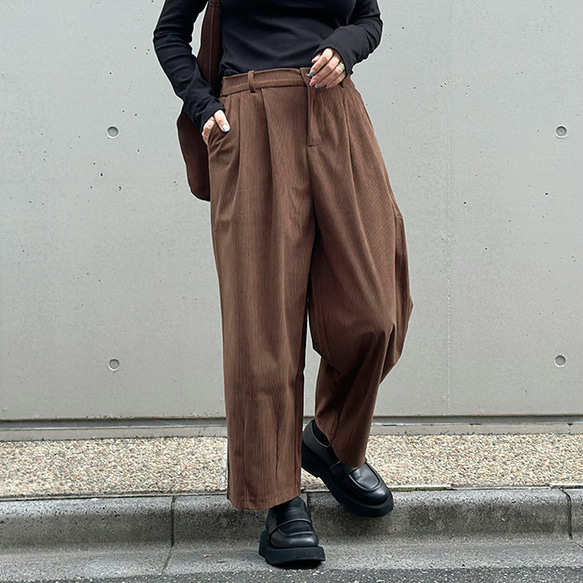 再販【2025新作】❤︎大人かわいいコーデュロイ半ゴム仕立てタックワイドパンツ（ココアブラウン）25044BR 3枚目の画像
