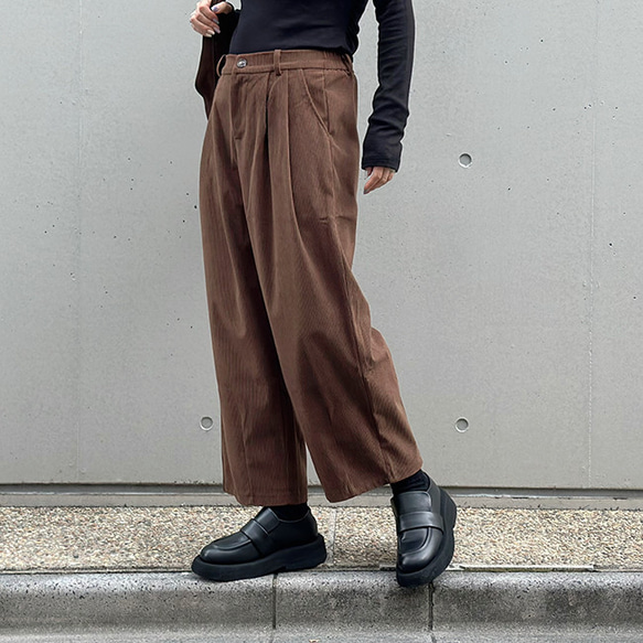 再販【2025新作】❤︎大人かわいいコーデュロイ半ゴム仕立てタックワイドパンツ（ココアブラウン）25044BR 4枚目の画像