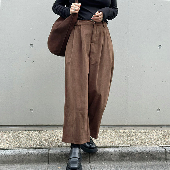 再販【2025新作】❤︎大人かわいいコーデュロイ半ゴム仕立てタックワイドパンツ（ココアブラウン）25044BR 6枚目の画像