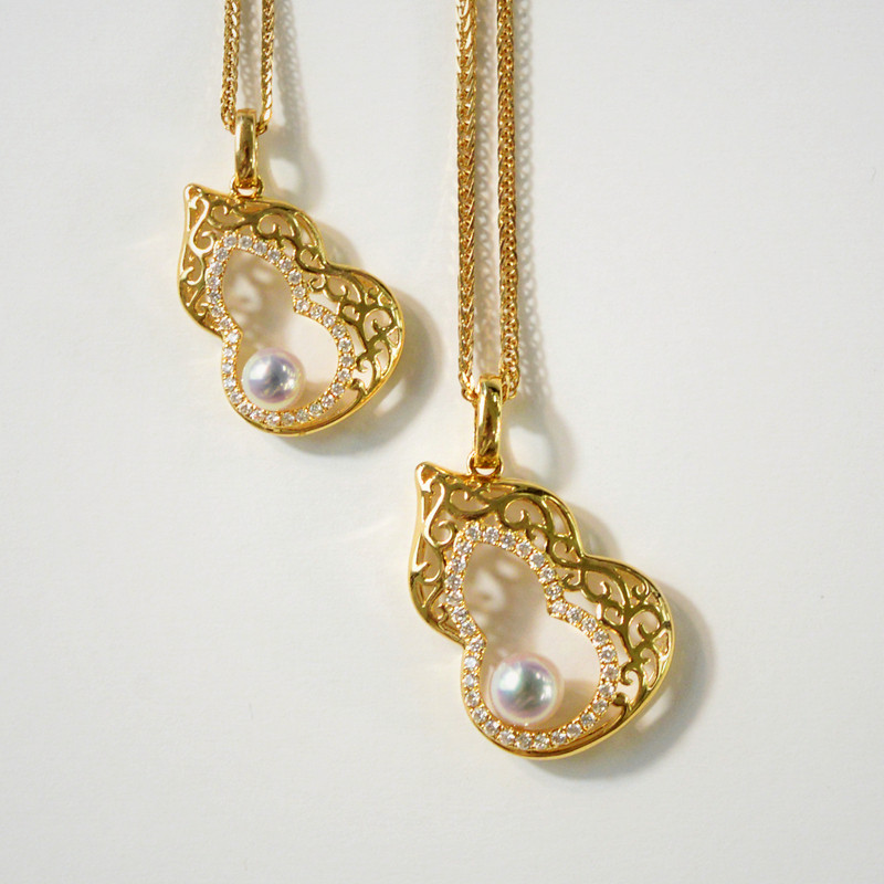 ルミナフォーチュンシリーズ 18Kゴールドダイヤモンドネックレス 4-4.9mm 高品質日本製アコヤ真珠ペンダント ひょうたんデ