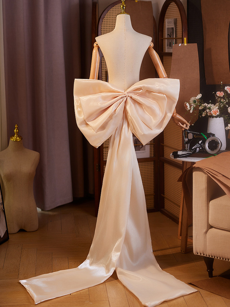 ロングトレーン 裾引き サテン シャンパン色 リボン DIY 肩飾り アクセサリー ウェディングドレス DTY220