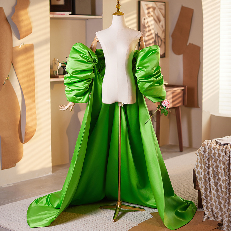 ケープ ロングトレーン 裾引き サテン 緑 DIY 上品 肩飾り アクセサリー ウェディングドレス DTY191