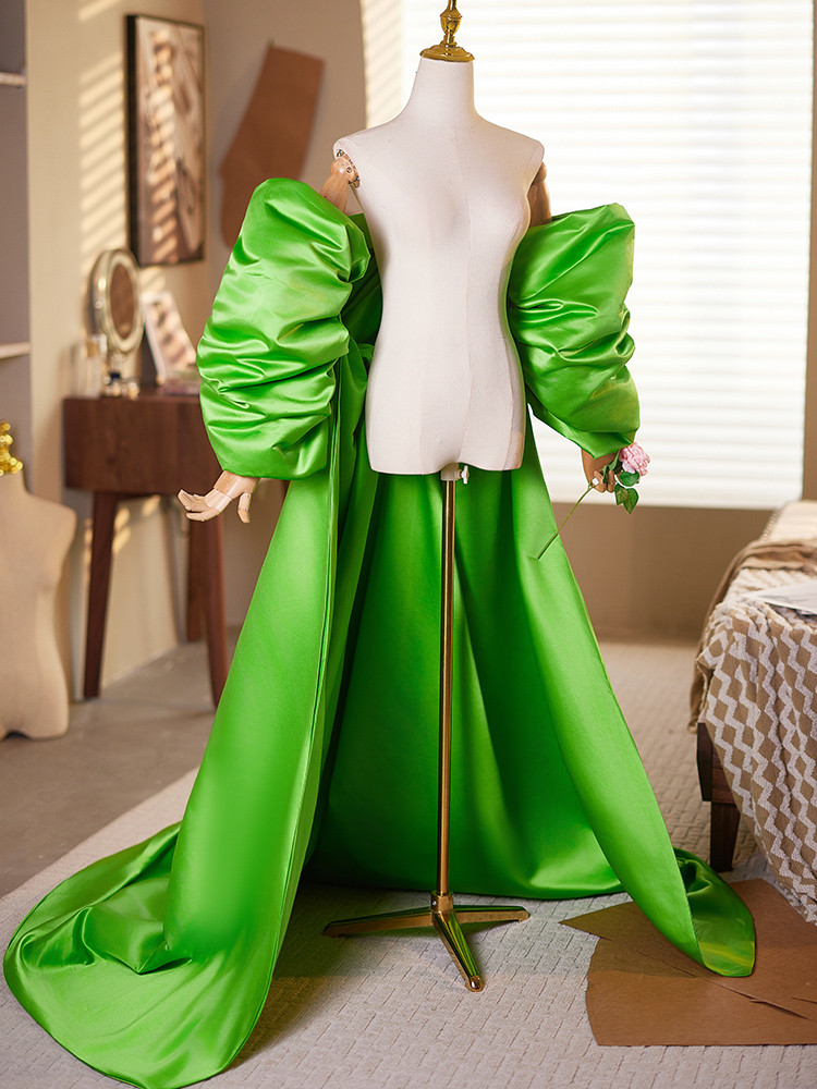 ケープ ロングトレーン 裾引き サテン 緑 DIY 上品 肩飾り アクセサリー ウェディングドレス DTY191