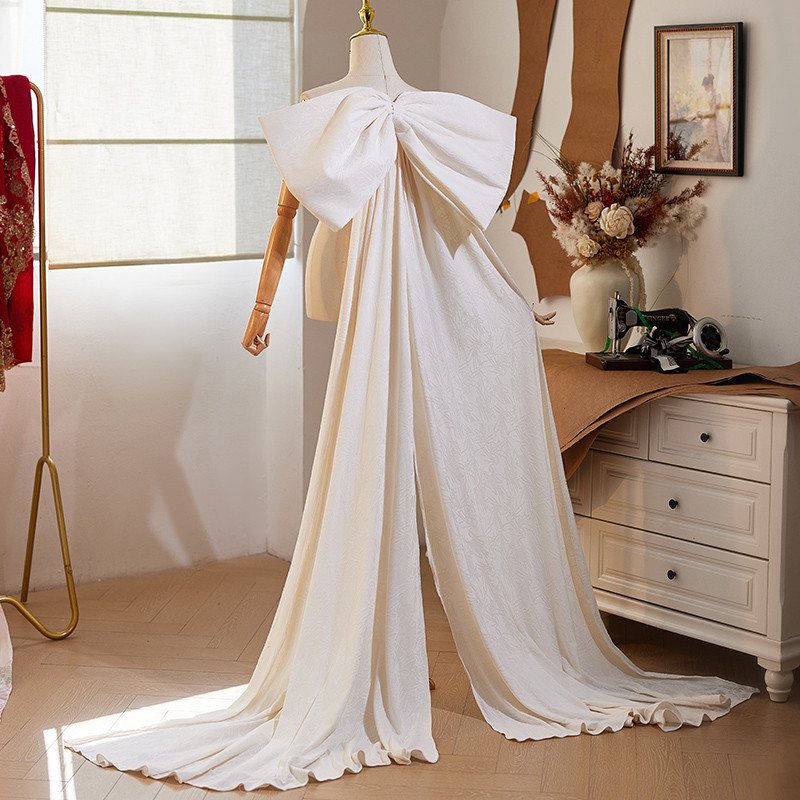 ロングトレーン 裾引き サテン 白 リボン 肩飾り DIY アクセサリー ウェディングドレス DTY235