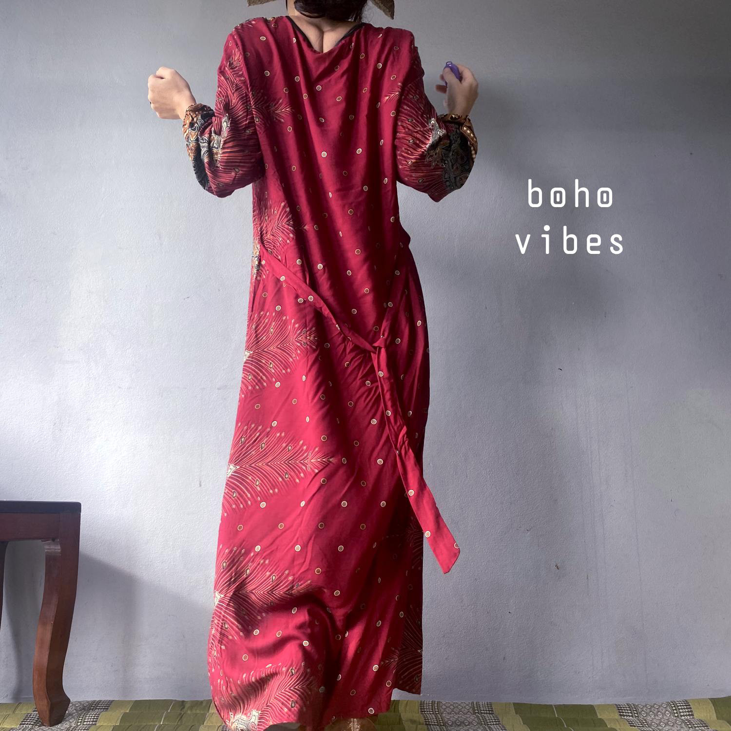 フェザーエスニック柄 レーヨンコットン 長袖ワンピース