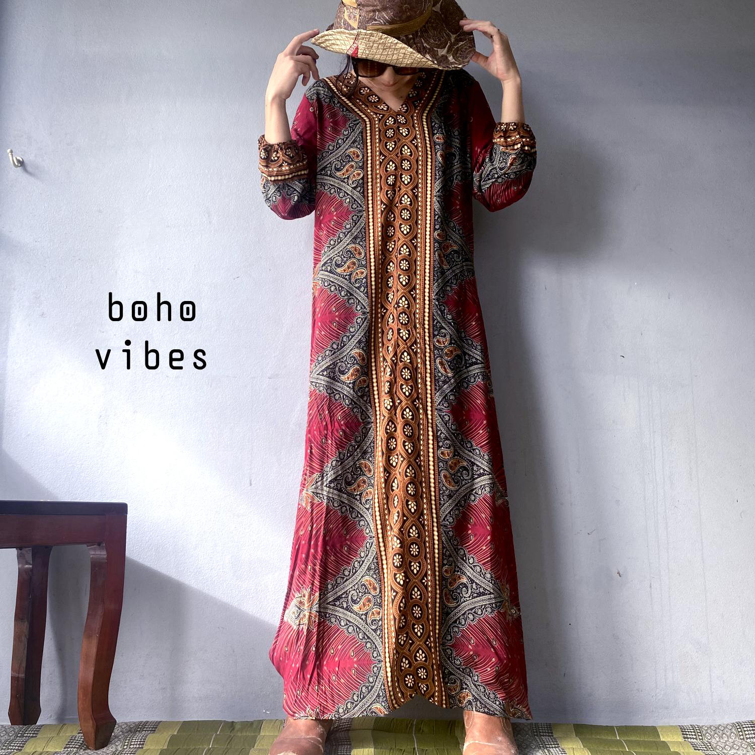 フェザーエスニック柄 レーヨンコットン 長袖ワンピース