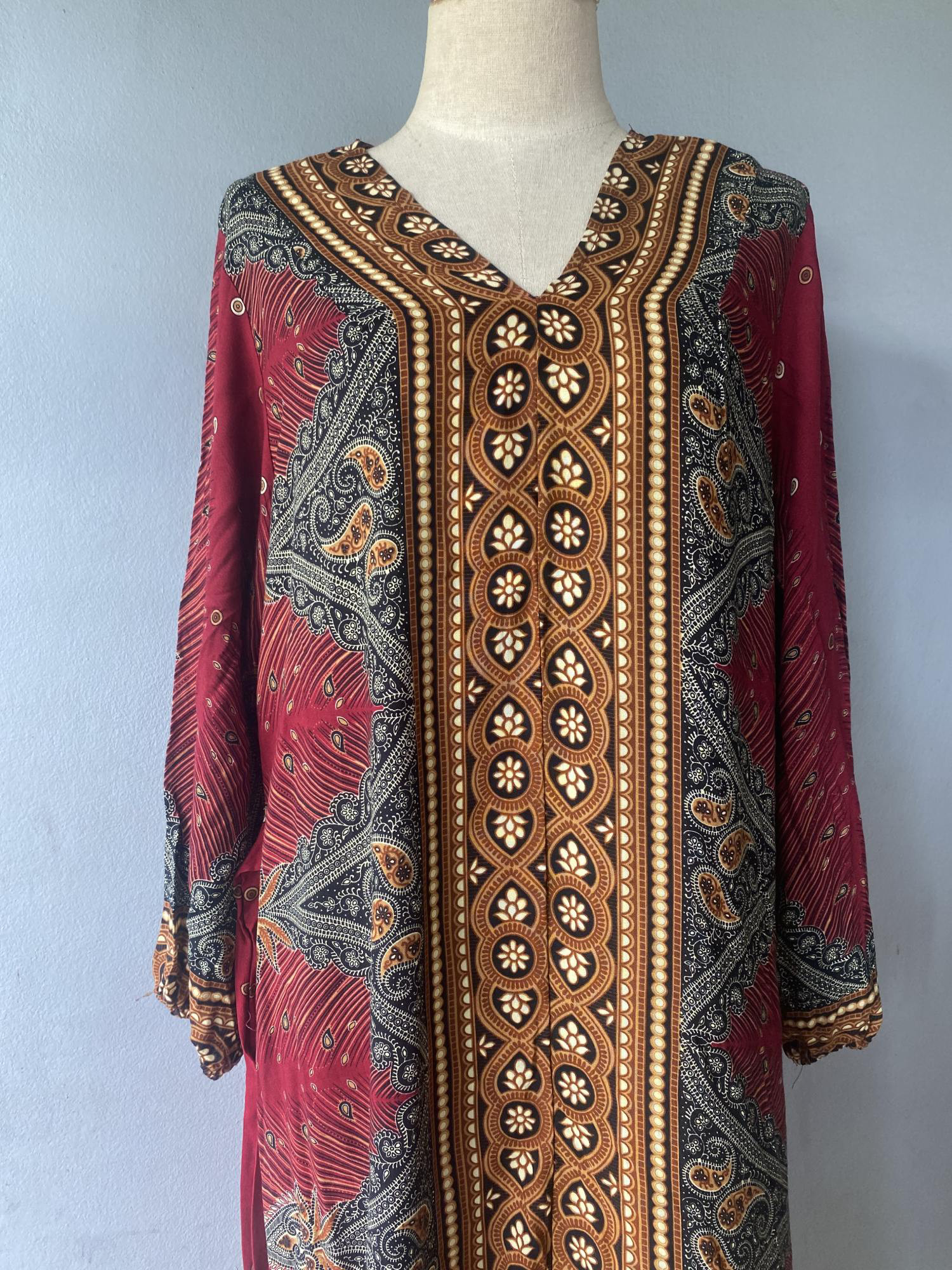 フェザーエスニック柄 レーヨンコットン 長袖ワンピース