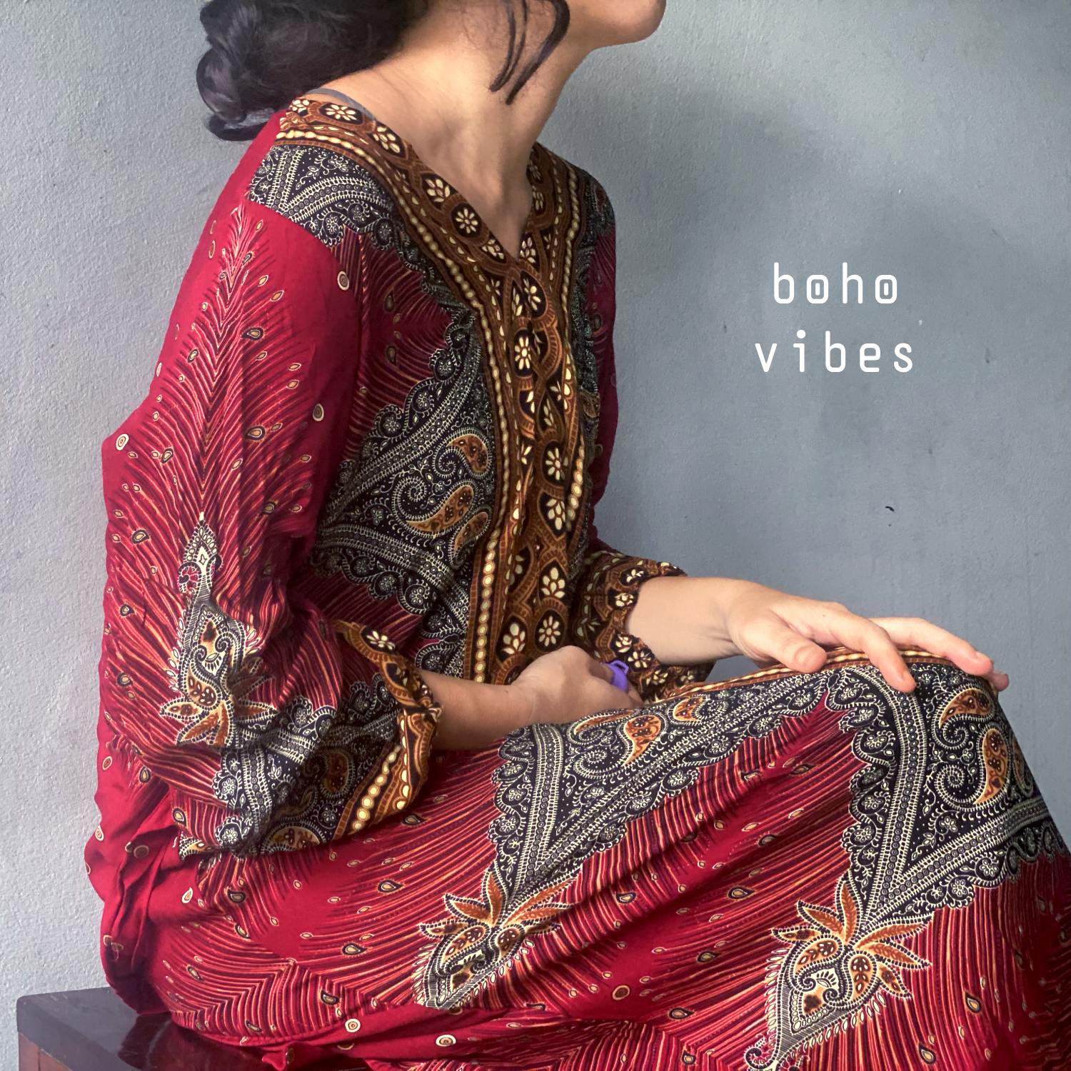 フェザーエスニック柄 レーヨンコットン 長袖ワンピース