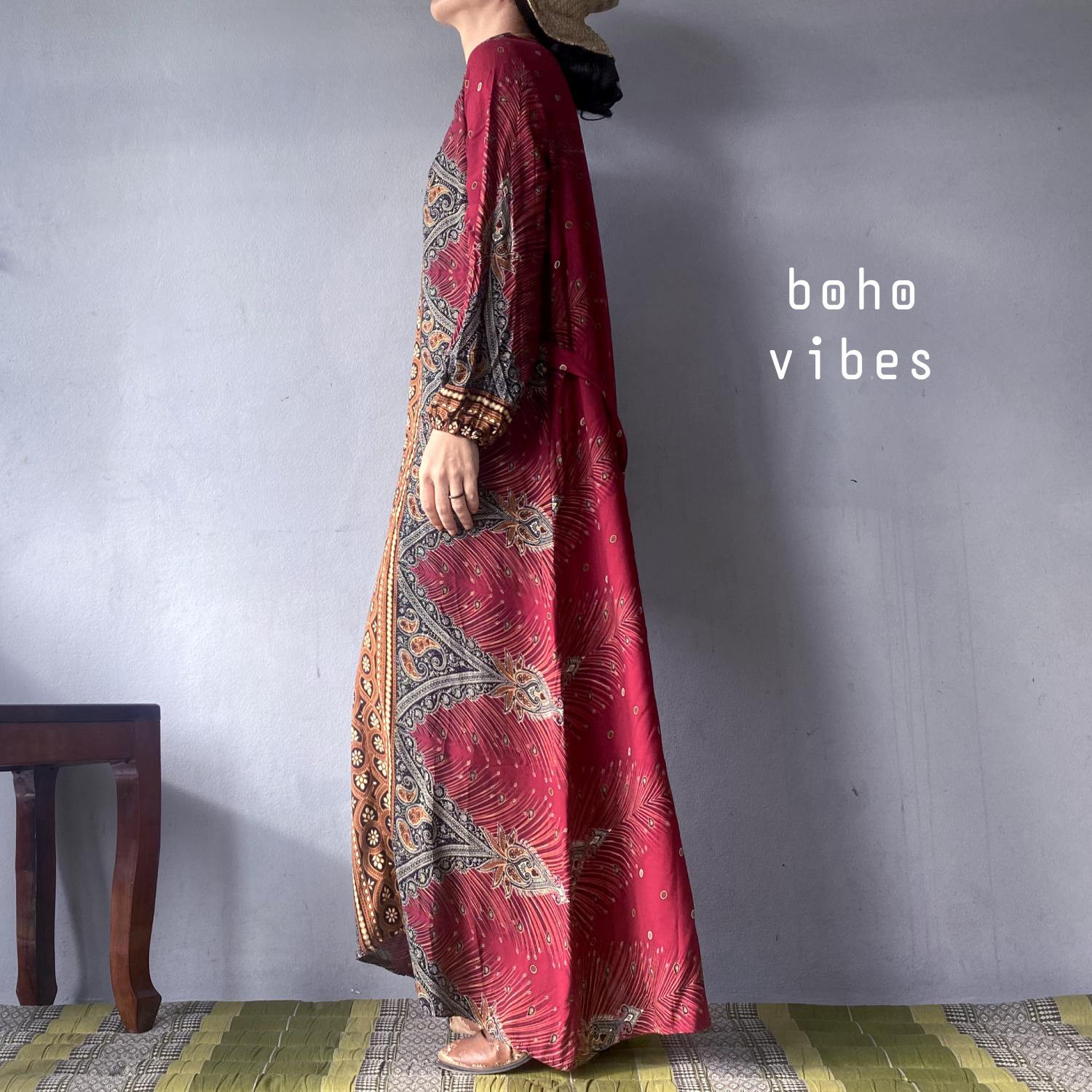 フェザーエスニック柄 レーヨンコットン 長袖ワンピース