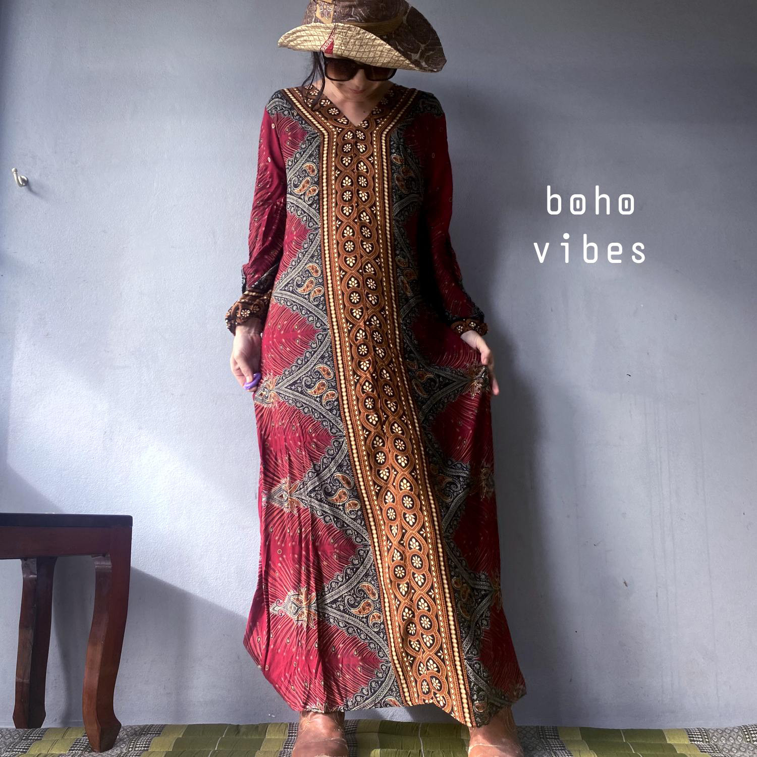 フェザーエスニック柄 レーヨンコットン 長袖ワンピース