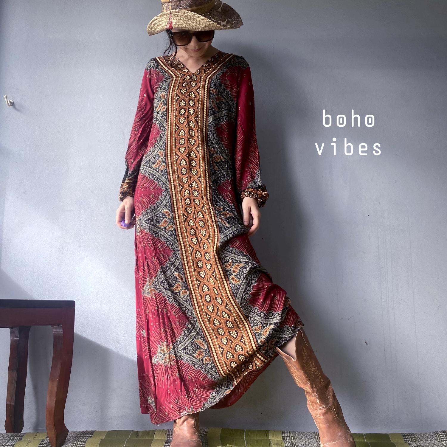 フェザーエスニック柄 レーヨンコットン 長袖ワンピース