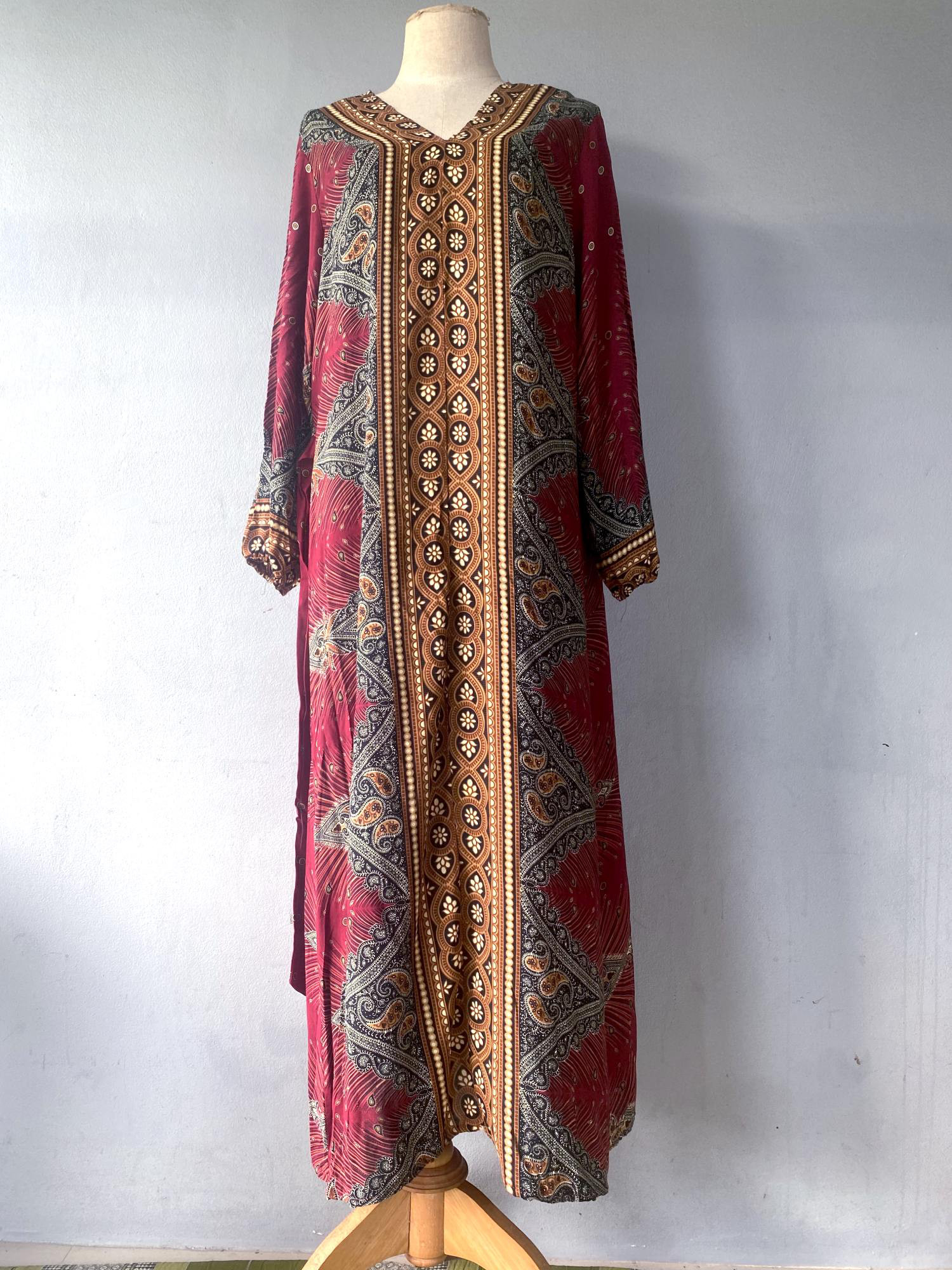 フェザーエスニック柄 レーヨンコットン 長袖ワンピース