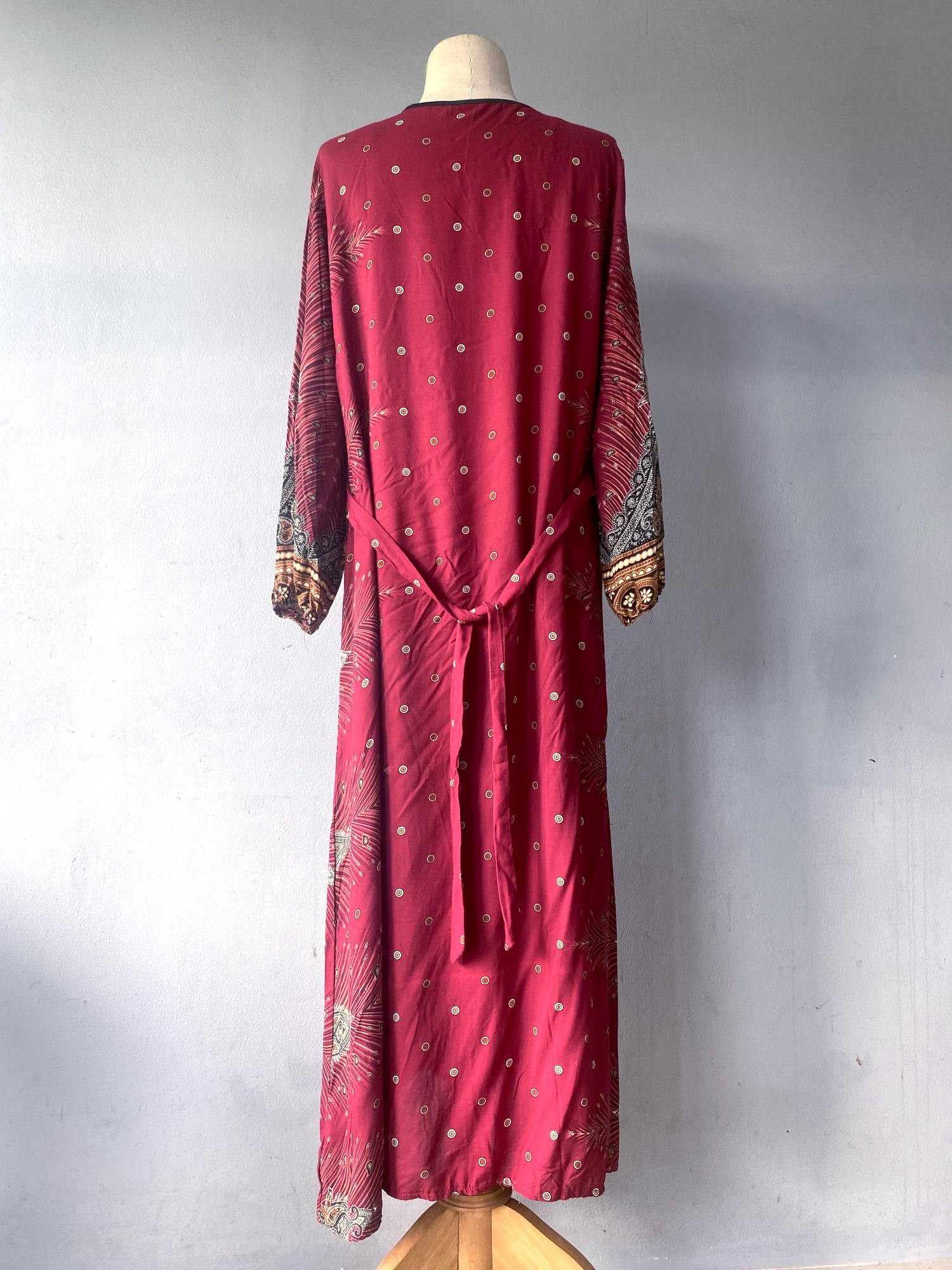 フェザーエスニック柄 レーヨンコットン 長袖ワンピース