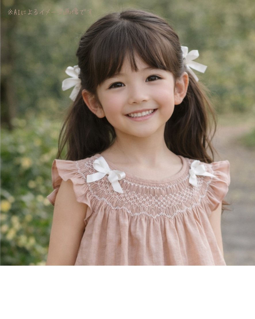 【6〜9歳】ブラウス丈ビショップ 手刺繍スモッキング サテンリボンとパールビーズの一点ものトップス
