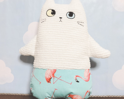 パイルの白猫さん（フラミンゴのパンツ） ぬいぐるみ もちまる 通販