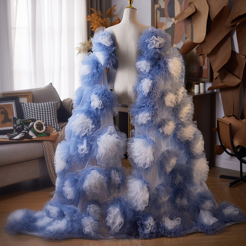 ケープ ロングトレーン 裾引き 立体花 青 豪華 DIY 肩飾り アクセサリー ウェディングドレス DTY492