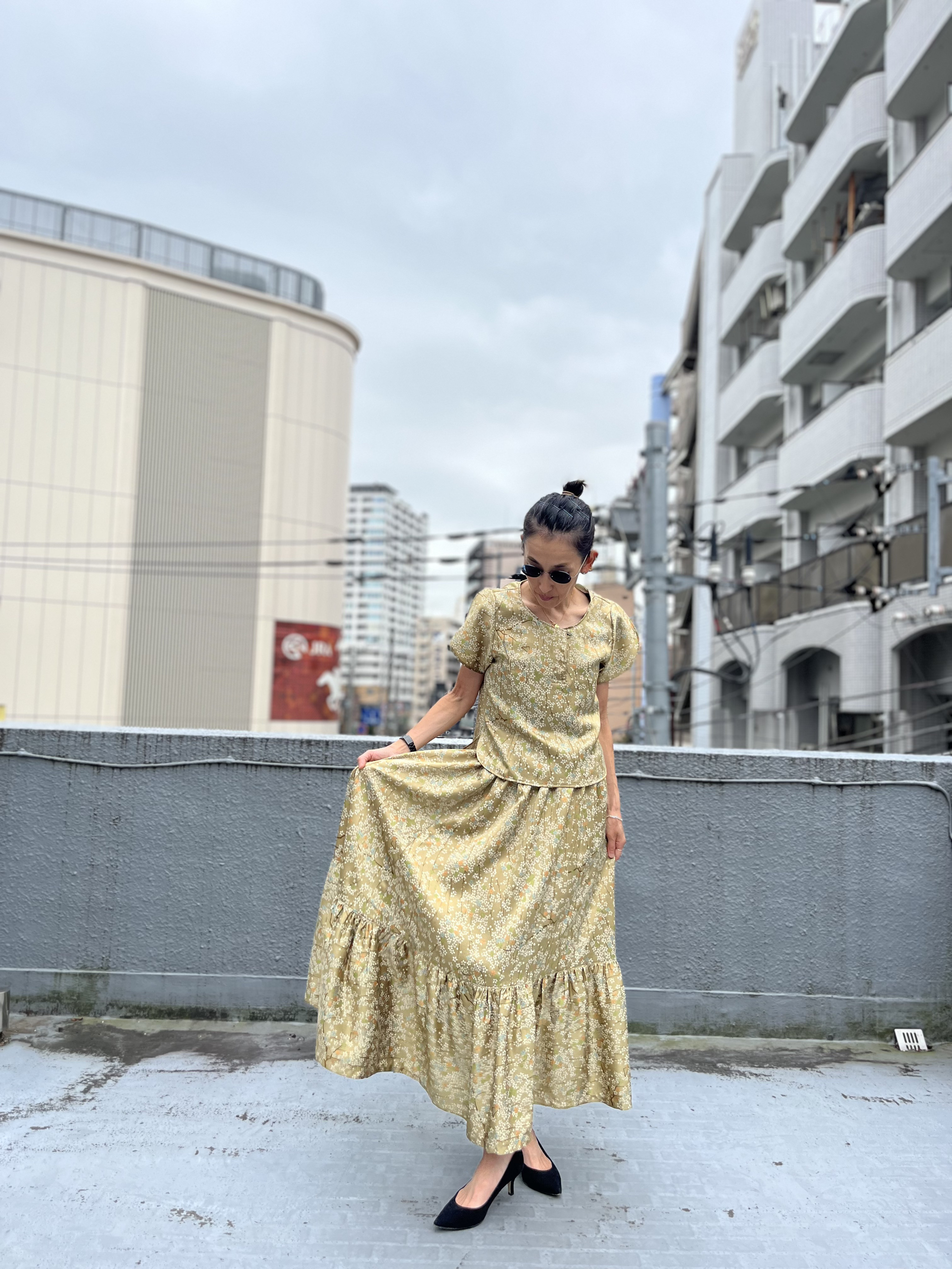 1点もの　花咲か爺さんの軌跡 セットアップ　　着物リユースセットアップ　ティアードスカート　着物リメイク