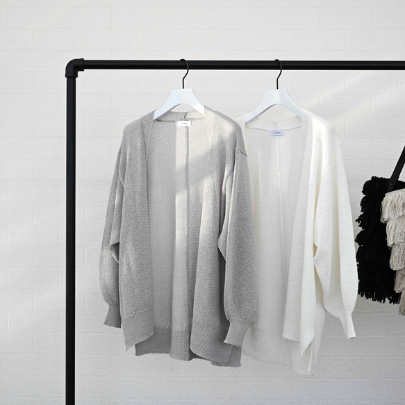 【洗える透かし編みUVカーディガン】スモーキーグレー  清涼感たっぷりペーパーMIXヤーン素材　りんご1個分の軽さ 2枚目の画像