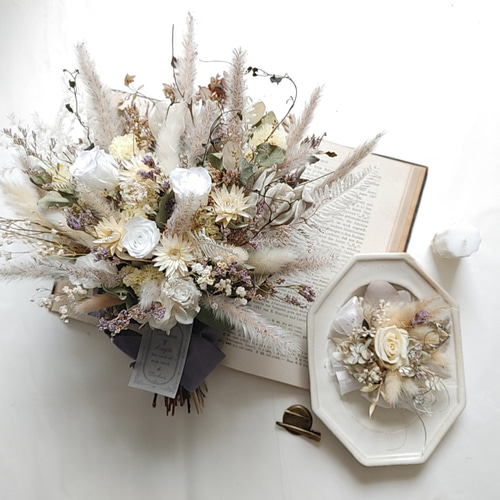 【さき】ウェディングブーケ&ブートニア　ドライフラワー2点セット　結婚式 ドライフラワーのブーケ &ブートニア 2点セット ブーケ34cm 結婚式