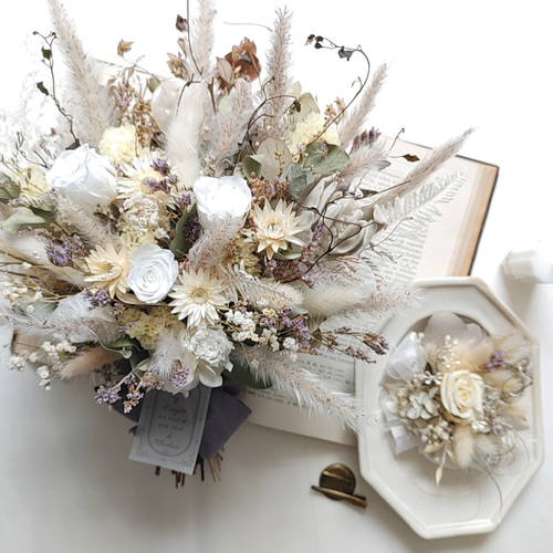 ドライフラワーのブーケ &ブートニア 2点セット ブーケ34cm 結婚式