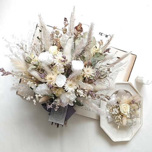 ドライフラワーのブーケ &ブートニア 2点セット ブーケ34cm 結婚式