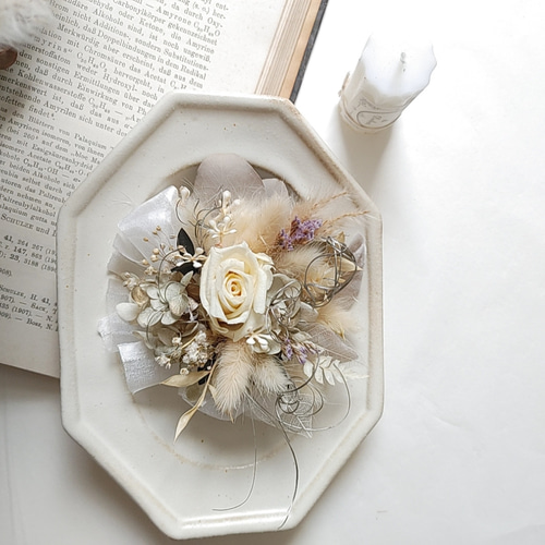 【美品】ドライフラワーブーケ＆ブートニアセット　ウェディングブーケ ドライフラワーのブーケ &ブートニア 2点セット ブーケ34cm 結婚式