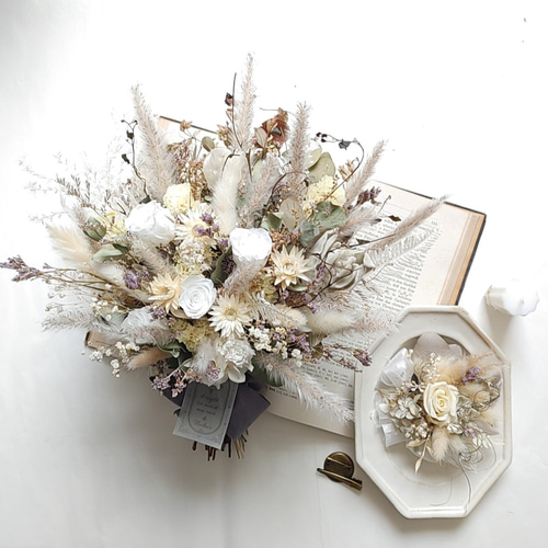 インテリア:ウェディングブーケ&ブートニア ドライフラワーのブーケ &ブートニア 2点セット ブーケ34cm 結婚式