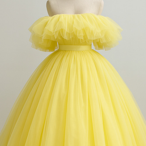 送料無料！カラードレス イエロー オフショルダー チュールスカート