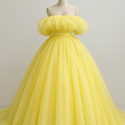 送料無料！カラードレス イエロー オフショルダー チュールスカート