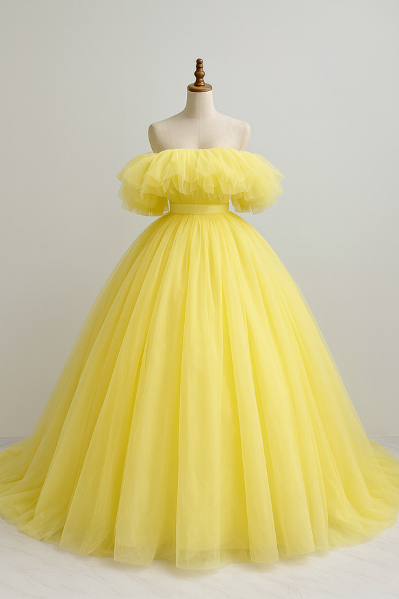 送料無料！カラードレス イエロー オフショルダー チュールスカート