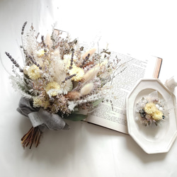 ドライフラワーブーケ＆ブートニア 2点 ブーケ32cm 記念日 結婚式 前