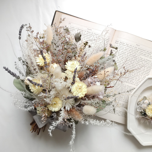 ドライフラワーブーケ＆ブートニア 2点 ブーケ32cm 記念日 結婚式 前