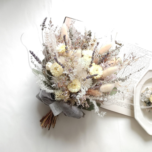 ドライフラワーブーケ＆ブートニア 2点 ブーケ32cm 記念日 結婚式 前