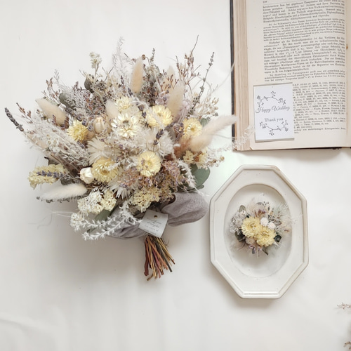 ドライフラワーブーケ　ブートニア ドライフラワーブーケ＆ブートニア 2点 ブーケ32cm 記念日 結婚式 前