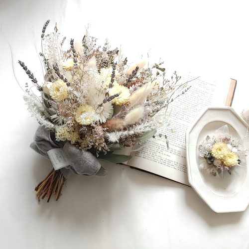 ドライフラワーブーケ＆ブートニア 2点 ブーケ32cm 記念日 結婚式 前