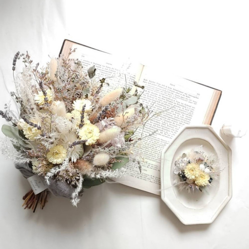 ウェディングブーケ　ブーケ・ブートニア セット　ドライフラワー　結婚式　前撮り ドライフラワーブーケ＆ブートニア 2点 ブーケ32cm 記念日 結婚式 前