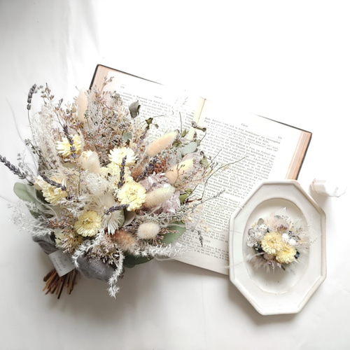 ドライフラワー ブーケ～パームフラワーのブルーブーケ＆ブートニア～ウェディング ドライフラワーブーケ＆ブートニア 2点 ブーケ32cm 記念日 結婚